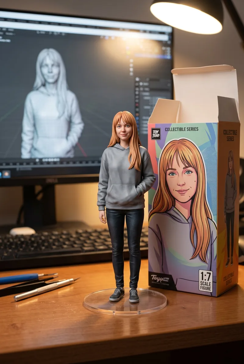 Коллекционная 3D-фигурка девушки на прозрачной подставке у монитора с 3D-моделью и коробкой
