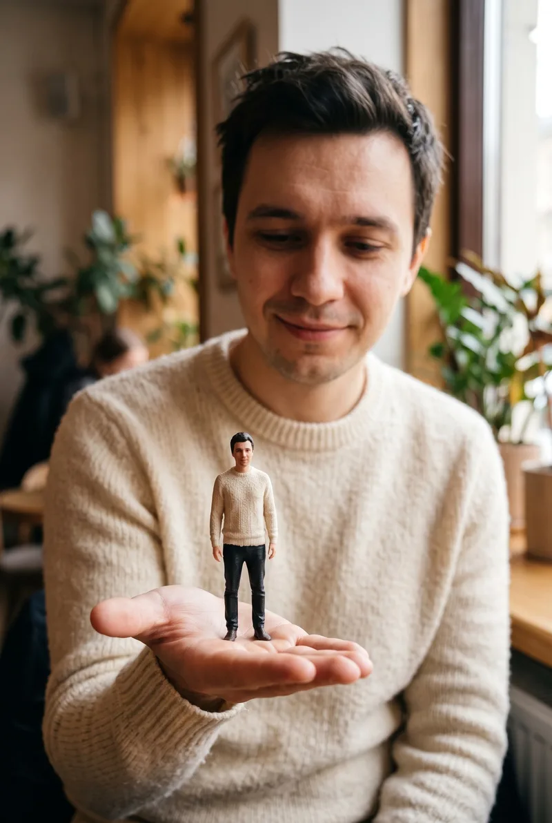 Мужчина в кафе держит на ладони маленькую 3D-фигурку самого себя