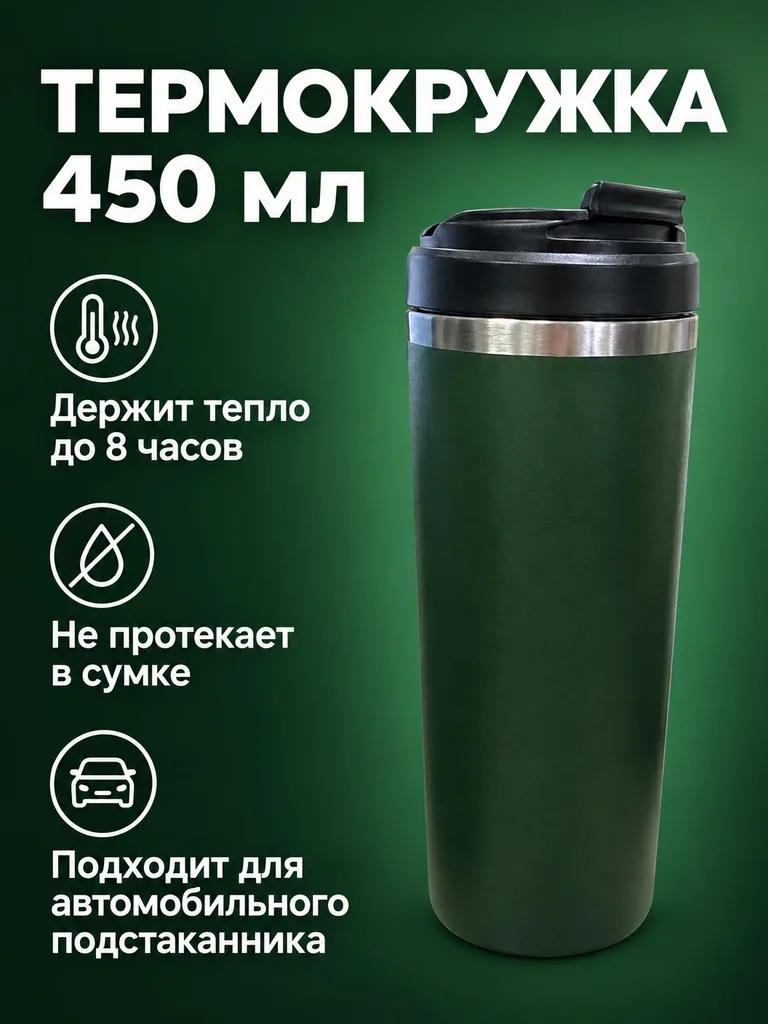Инфографика для карточки товара: термокружка 450 мл и три преимущества с иконками