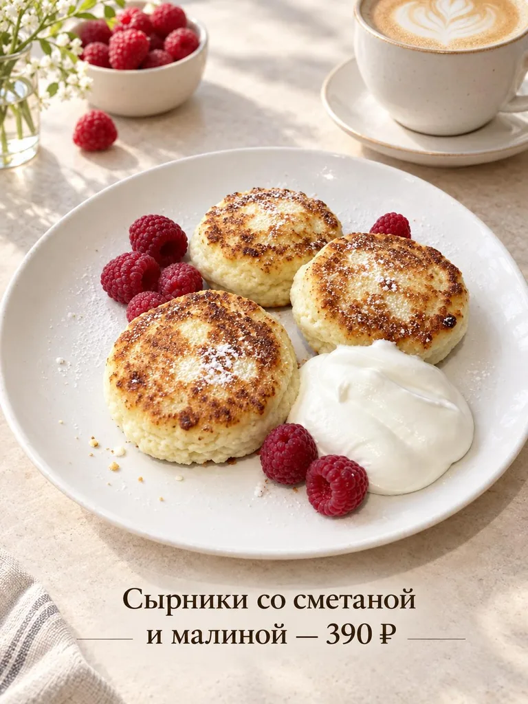 Те же сырники с капучино и подписью с ценой — карточка для меню кафе